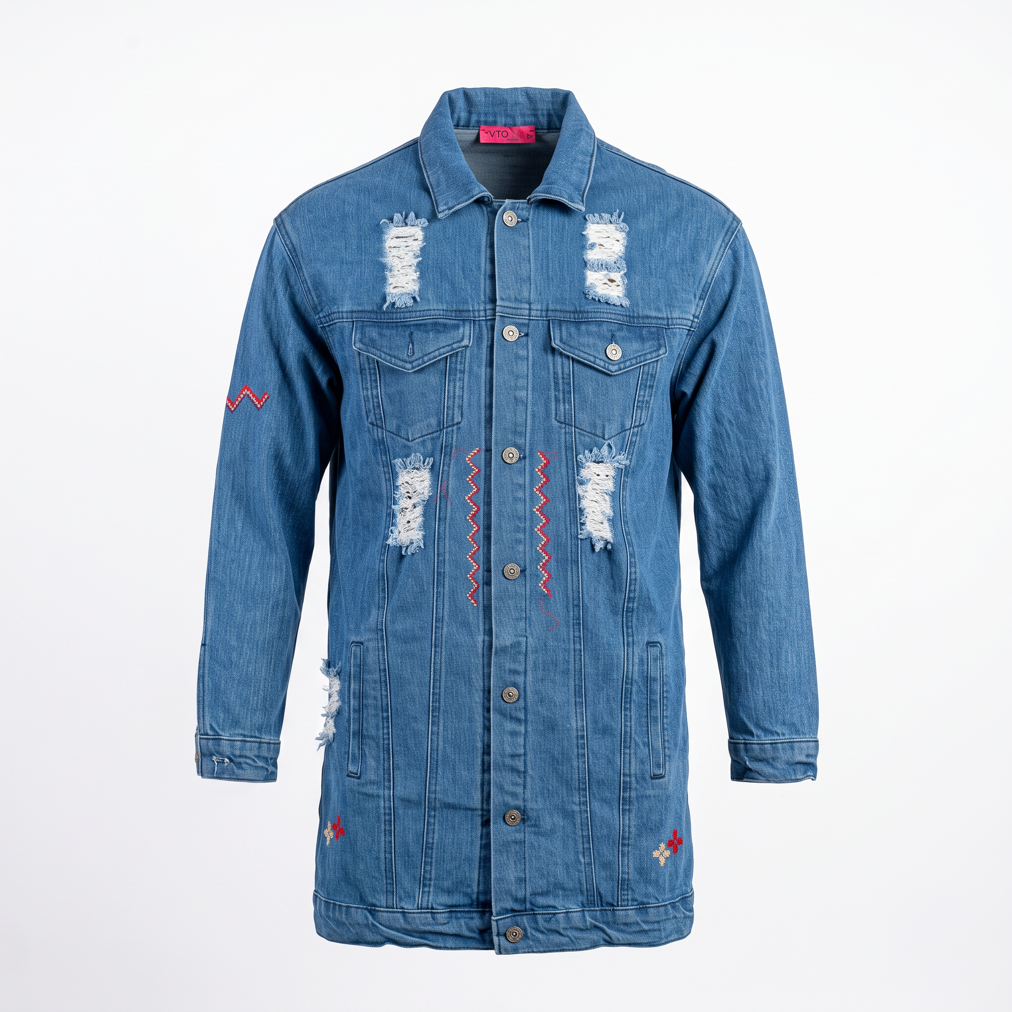 Long Hand-Embroidered Denim Jacket